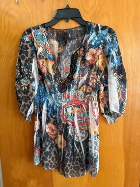 Multicolor Floral Patchwork Mini Dress with V-Neck